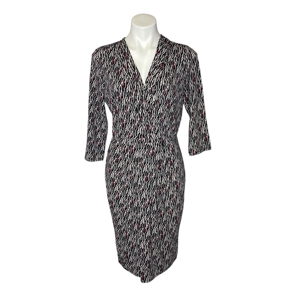 WHBM Faux Wrap Dress 3/4 Length Sleeves Mid Length Pleated Neckline Medium